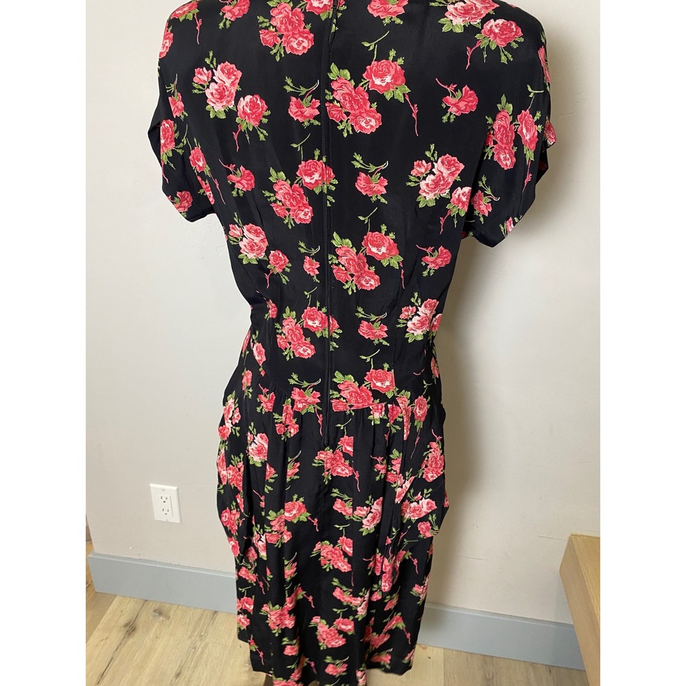 Vintage 80s 90s Floral Rose Mock Neck Midi Dress Black Red Tiered Hip Detail - Picture 2 of 12
